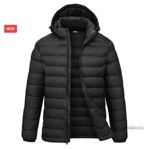 Men's Lightweight Puffer Jacket Detachable Hood Water Resistant Winter Coat